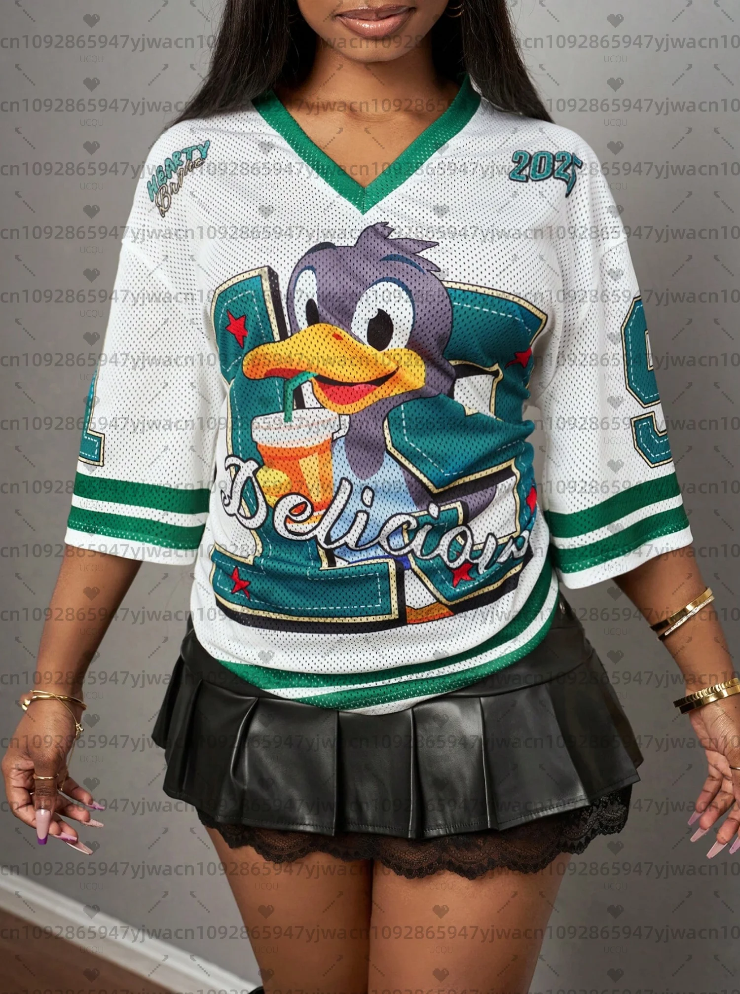 2026 Bird Number 19 Print T Shirt For Women Mesh fabric Striped V-Neck Tee Summer Harajuku Trend Short Sleeve Streetwear Tops
