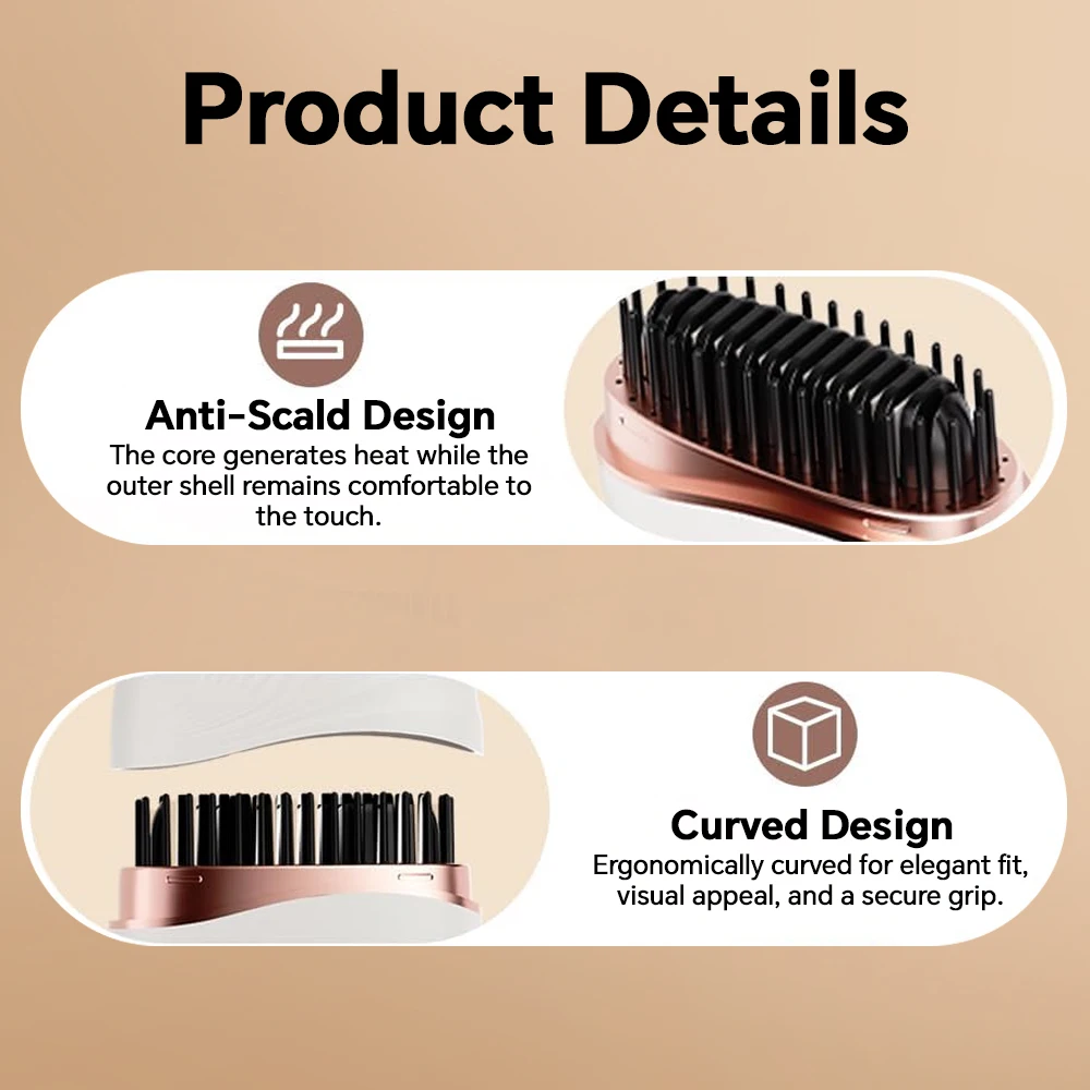 Mini Straightener USB Rechargeable Hair Straightener Brush - Anti-Scald Shell, Cordless Straightening Comb for Smooth Hairstyle