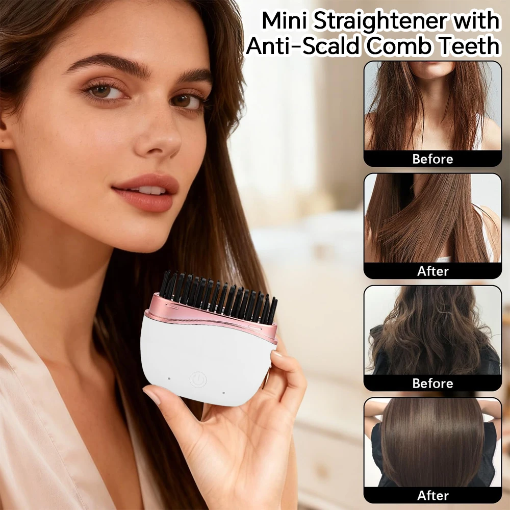 Mini Straightener USB Rechargeable Hair Straightener Brush - Anti-Scald Shell, Cordless Straightening Comb for Smooth Hairstyle