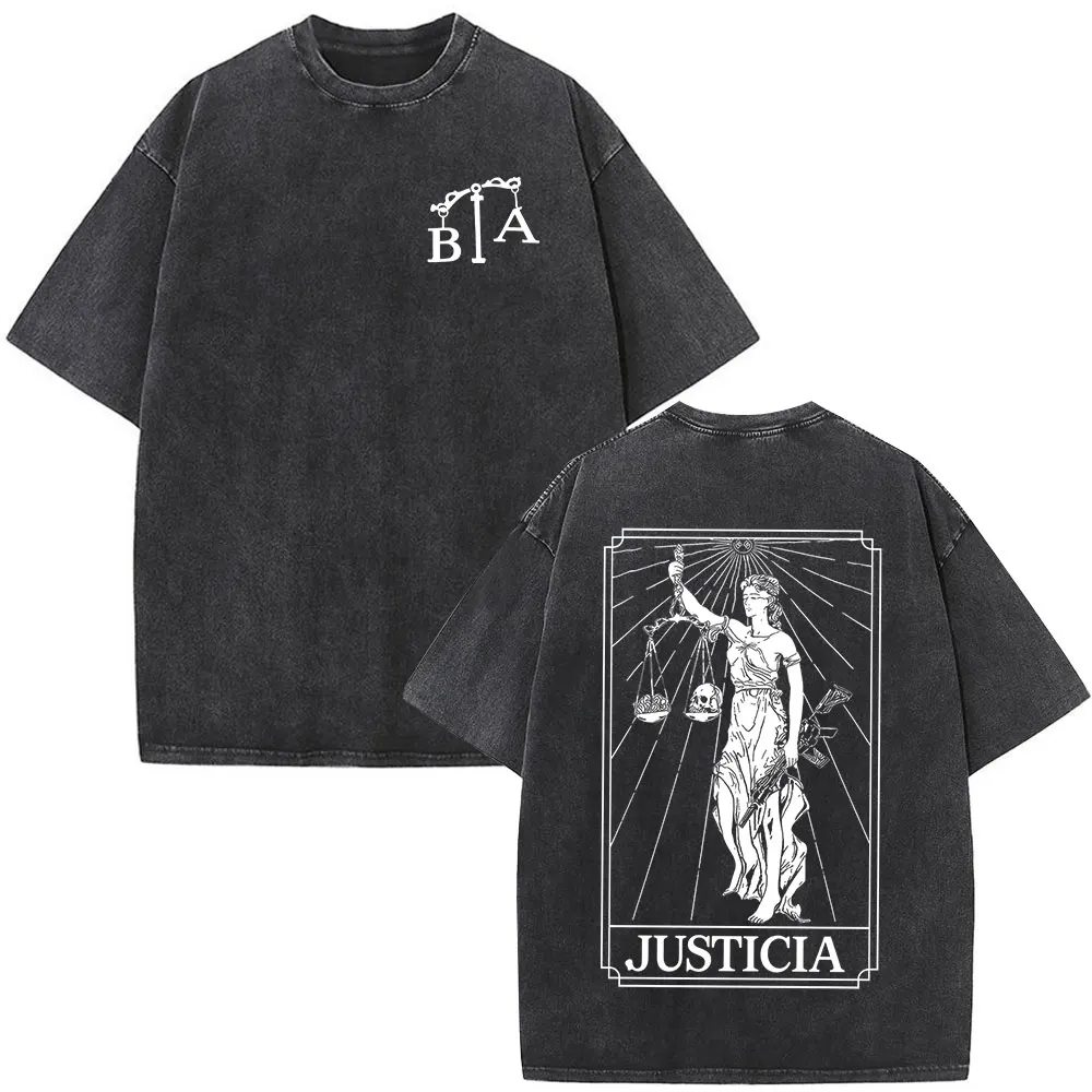 Vintage Washed Justicia Brothers in Arms Double Sided Print T-shirt Men Clothing Casual Cotton Oversized Short Sleeves T Shirts
