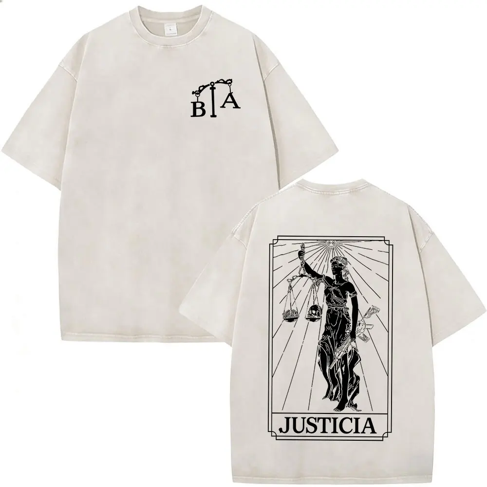 Vintage Washed Justicia Brothers in Arms Double Sided Print T-shirt Men Clothing Casual Cotton Oversized Short Sleeves T Shirts