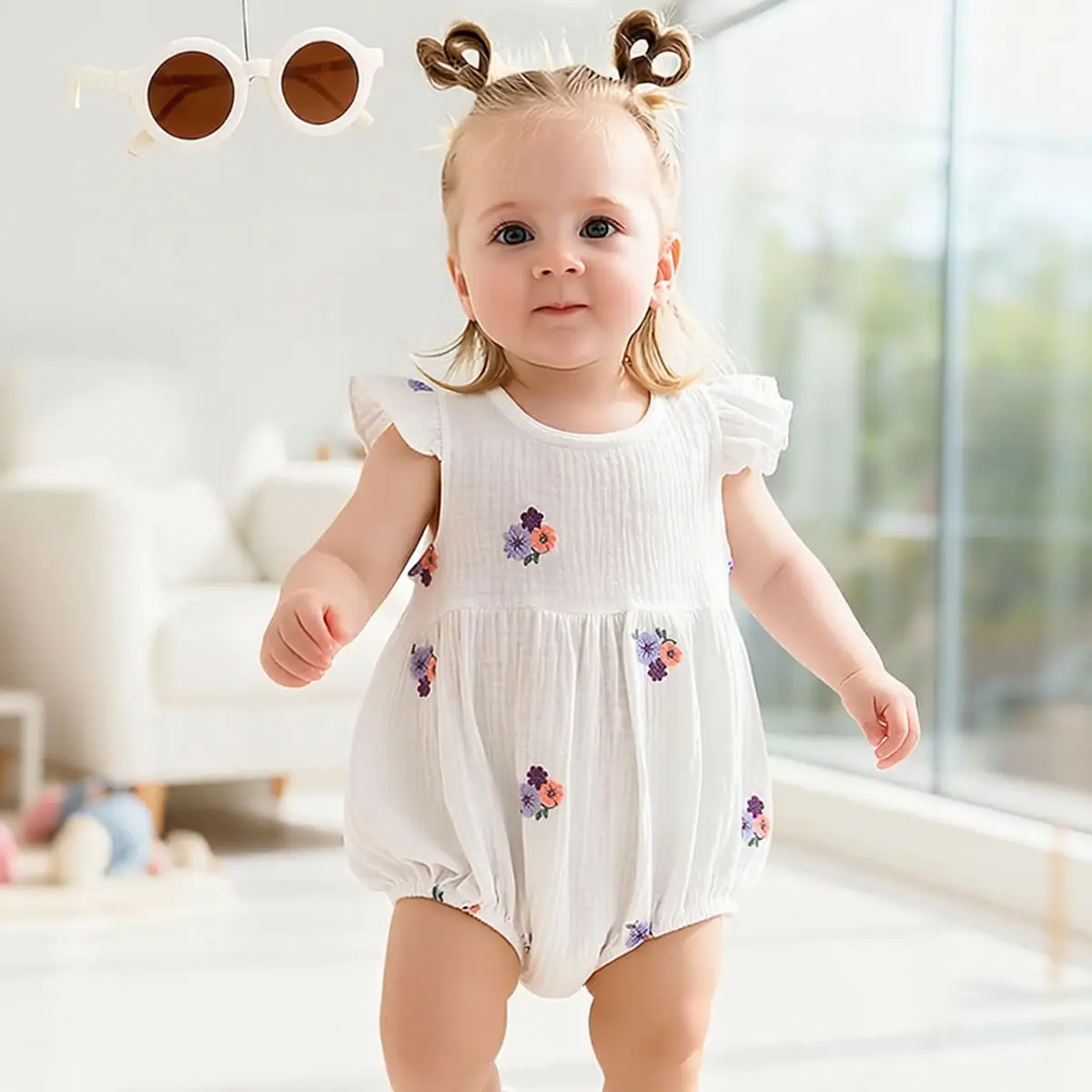 Baby Summer Flower Embroidery Short Sleeve Triangle Jumpsuit Girl Baby Sweet Cute Jumpsuit  for Summer Toddlers and Baby