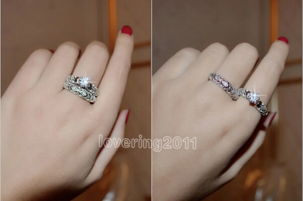 14K White Gold Vintage Lovers Lab Diamond Ring Sets Jewelry Engagement Wedding Band Rings for Women Party Bijou