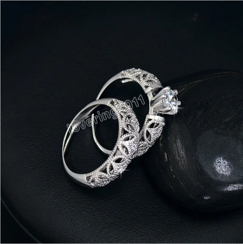 14K White Gold Vintage Lovers Lab Diamond Ring Sets Jewelry Engagement Wedding Band Rings for Women Party Bijou