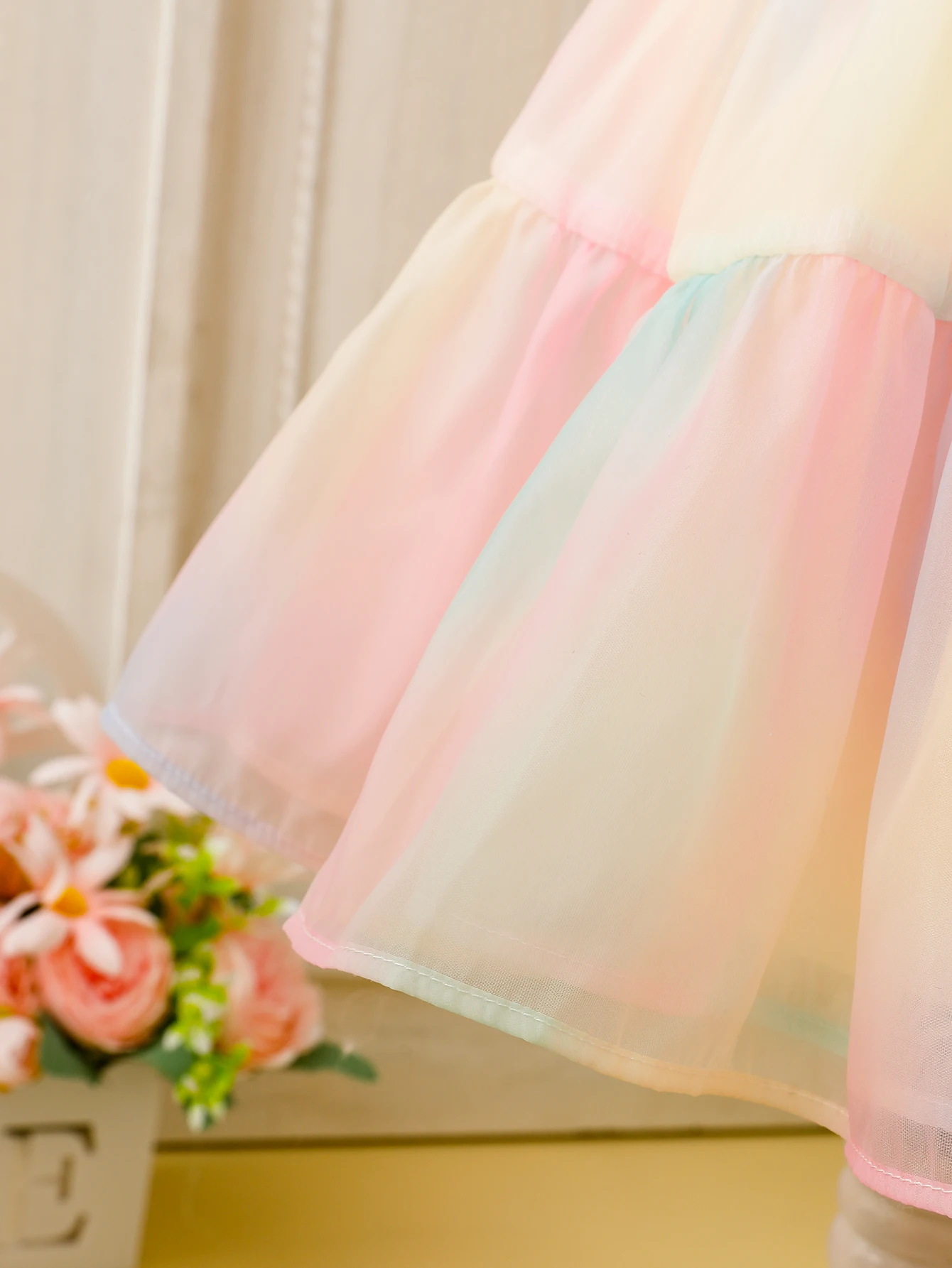 Summer New Gradient Rainbow Tulle Princess Skirt for Girls Elegant Fairy Tale Style Children's Dress
