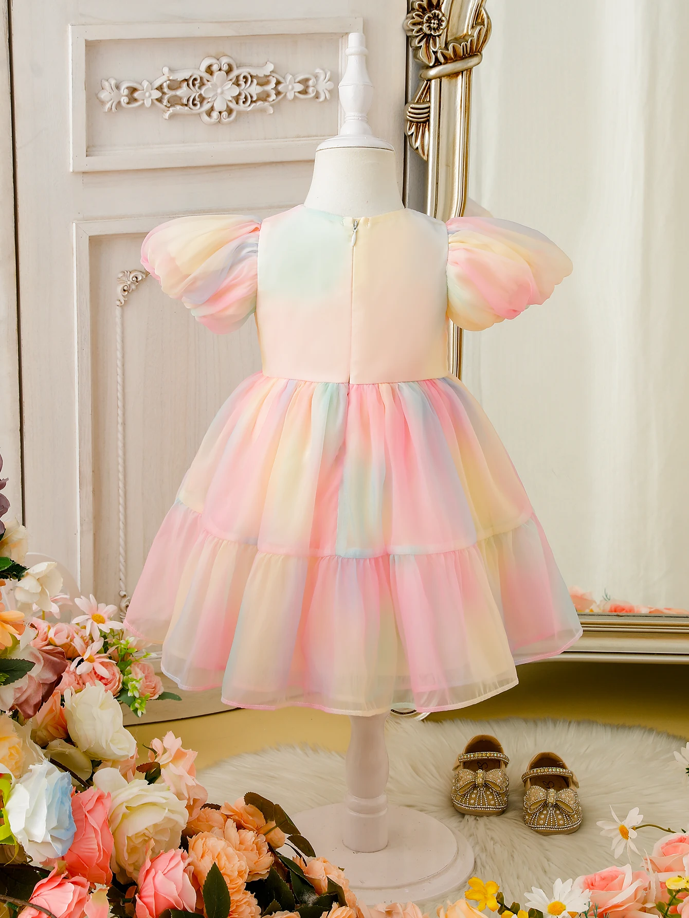 Summer New Gradient Rainbow Tulle Princess Skirt for Girls Elegant Fairy Tale Style Children's Dress