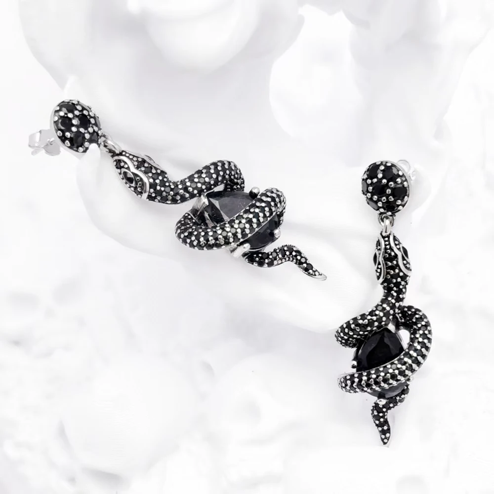 Drop Earrings Black Snake with Stone Vintage Gift For Women High Quality Real 925 Sterling Silver Fine Jewelry