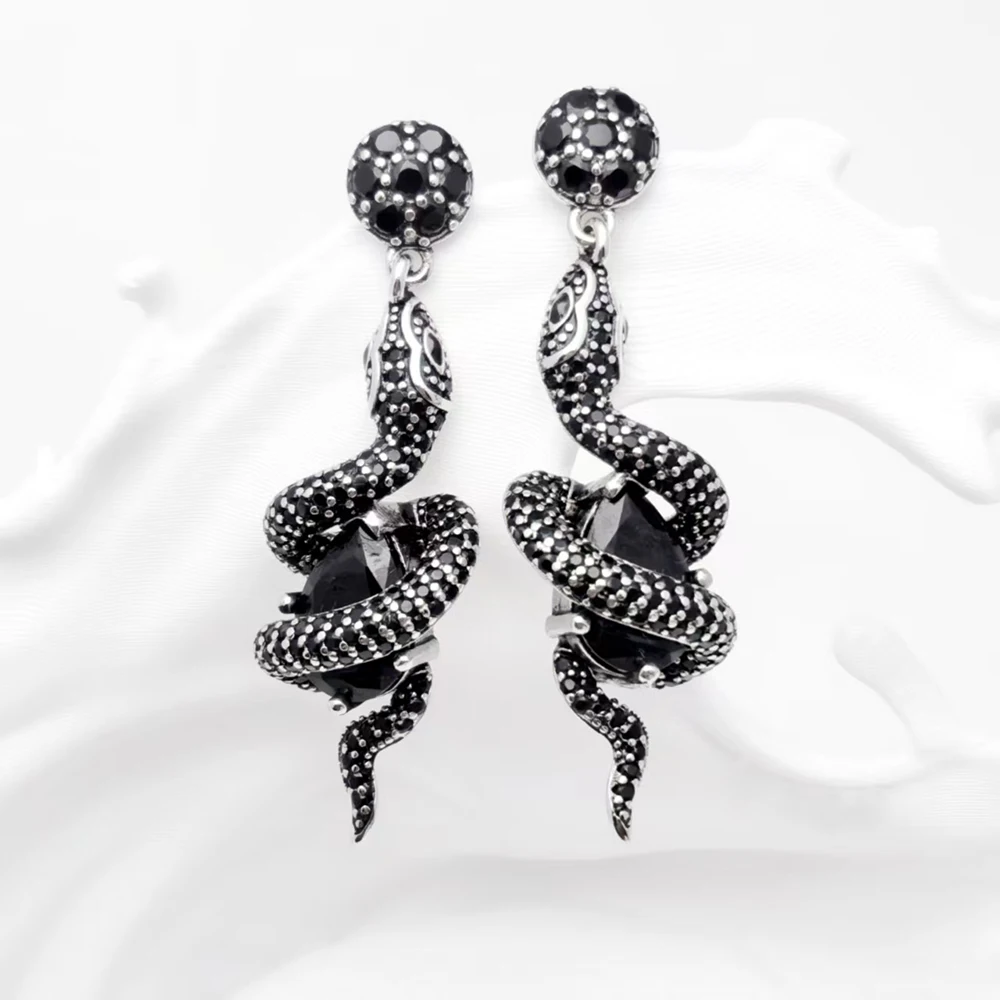 Drop Earrings Black Snake with Stone Vintage Gift For Women High Quality Real 925 Sterling Silver Fine Jewelry