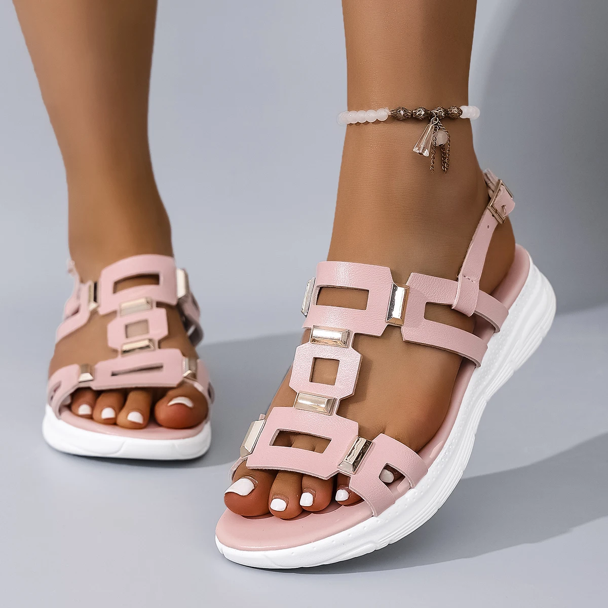 Summer New Round Headed Leather Ladies' Sandals Wedge Casual Beach Shoes Comfortable Footwear with Metal Decoration for Women