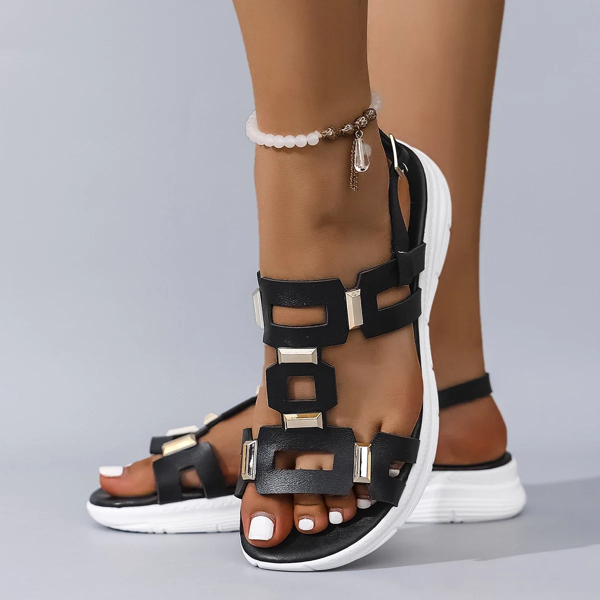 Summer New Round Headed Leather Ladies' Sandals Wedge Casual Beach Shoes Comfortable Footwear with Metal Decoration for Women