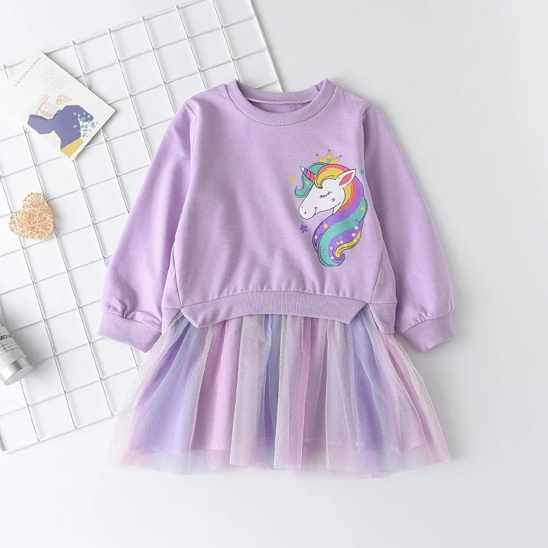 Korean Version Cartoon Unicorn Printed Long Sleeved Hoodie with Mesh Patchwork Dress Fashionable Clothes for Girls Aged 3-7