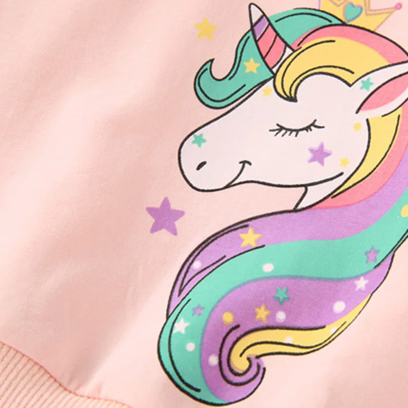 Korean Version Cartoon Unicorn Printed Long Sleeved Hoodie with Mesh Patchwork Dress Fashionable Clothes for Girls Aged 3-7
