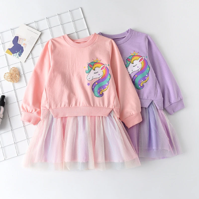 Korean Version Cartoon Unicorn Printed Long Sleeved Hoodie with Mesh Patchwork Dress Fashionable Clothes for Girls Aged 3-7