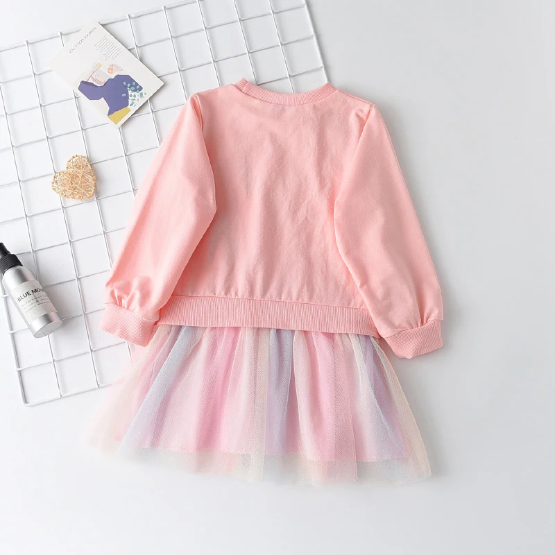 Korean Version Cartoon Unicorn Printed Long Sleeved Hoodie with Mesh Patchwork Dress Fashionable Clothes for Girls Aged 3-7