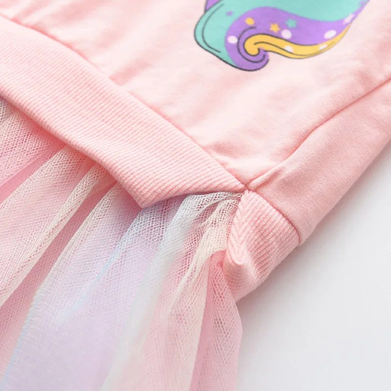 Korean Version Cartoon Unicorn Printed Long Sleeved Hoodie with Mesh Patchwork Dress Fashionable Clothes for Girls Aged 3-7