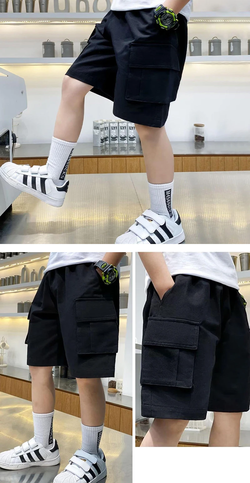 New Summer Teenage Boys Shorts Pants Casual Solid Color Loose Knee-Length Cargo Pants For Kids 3-14 Years Children Trousers