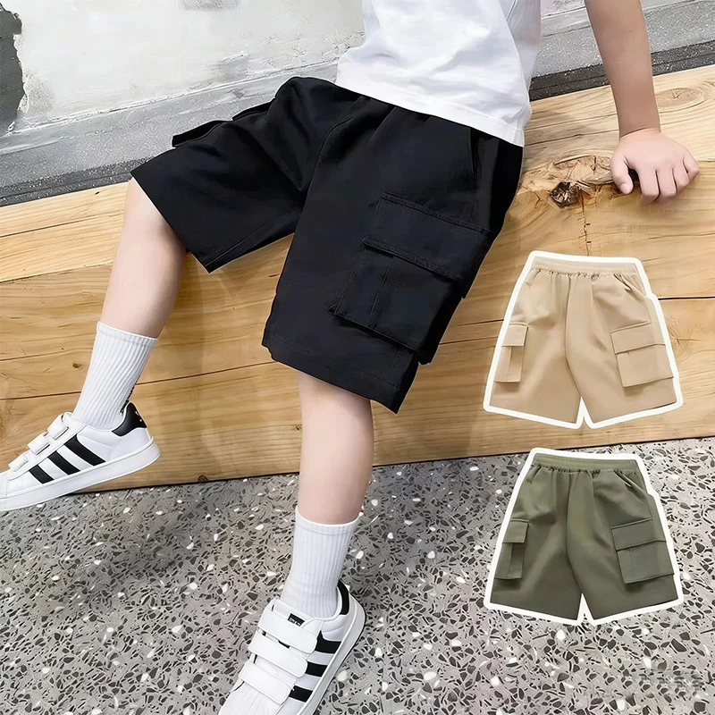 New Summer Teenage Boys Shorts Pants Casual Solid Color Loose Knee-Length Cargo Pants For Kids 3-14 Years Children Trousers
