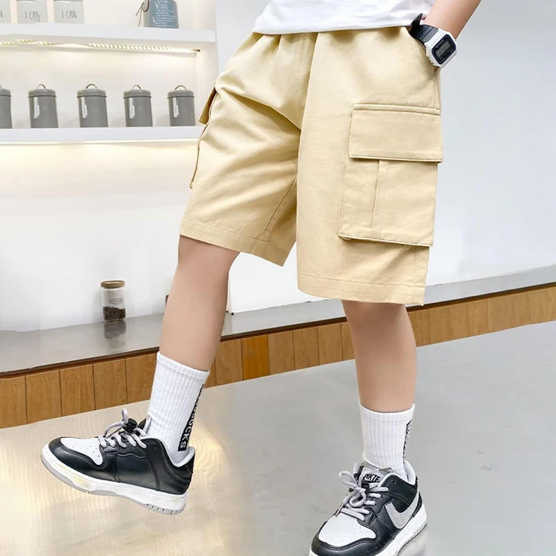 New Summer Teenage Boys Shorts Pants Casual Solid Color Loose Knee-Length Cargo Pants For Kids 3-14 Years Children Trousers