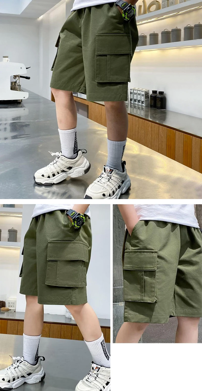 New Summer Teenage Boys Shorts Pants Casual Solid Color Loose Knee-Length Cargo Pants For Kids 3-14 Years Children Trousers