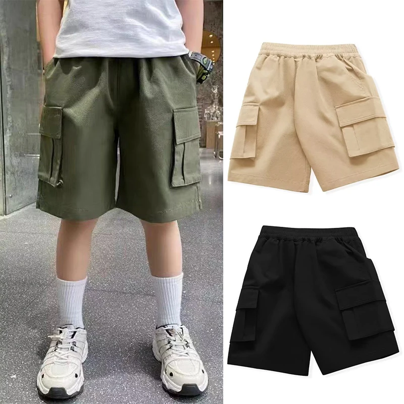 New Summer Teenage Boys Shorts Pants Casual Solid Color Loose Knee-Length Cargo Pants For Kids 3-14 Years Children Trousers