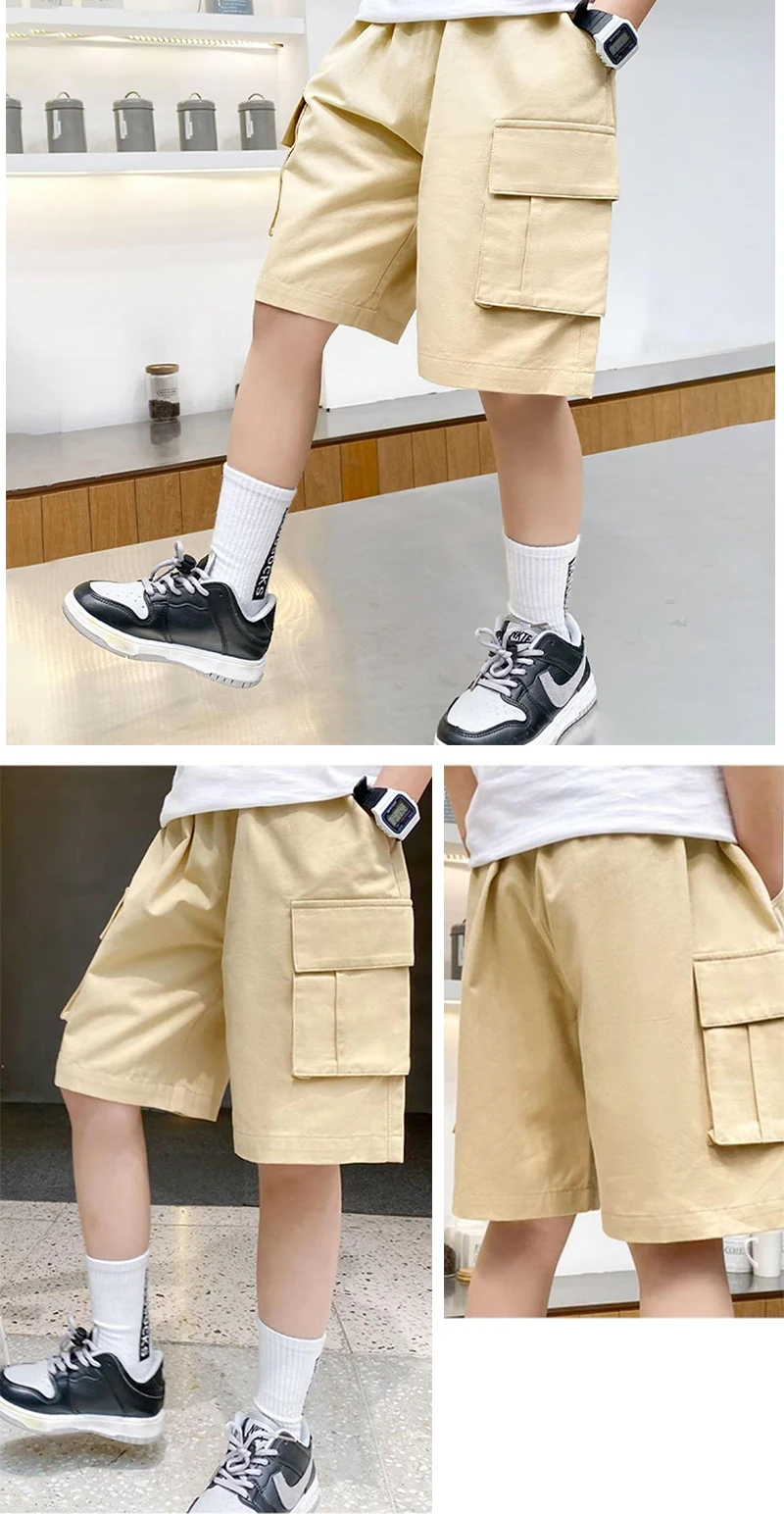 New Summer Teenage Boys Shorts Pants Casual Solid Color Loose Knee-Length Cargo Pants For Kids 3-14 Years Children Trousers