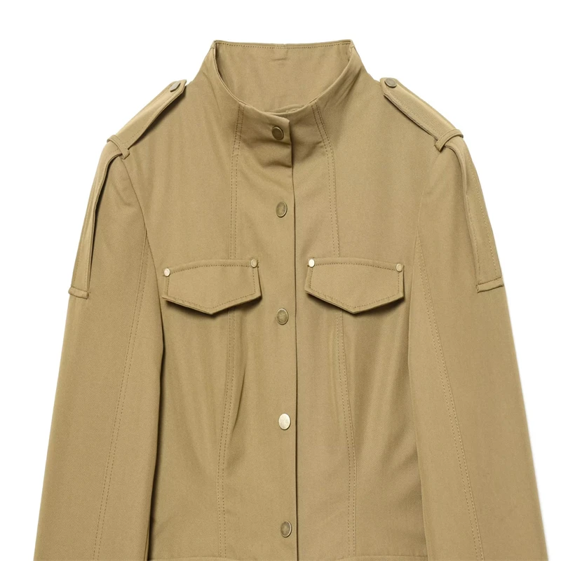 Military Style Utility Jacket Women Khaki Stand Collar Button Front Pocket Detail Casual Outfit