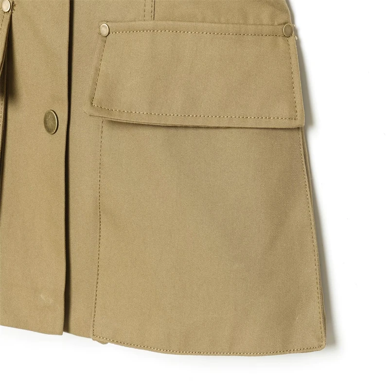 Military Style Utility Jacket Women Khaki Stand Collar Button Front Pocket Detail Casual Outfit