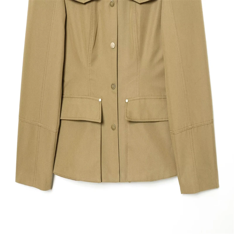 Military Style Utility Jacket Women Khaki Stand Collar Button Front Pocket Detail Casual Outfit