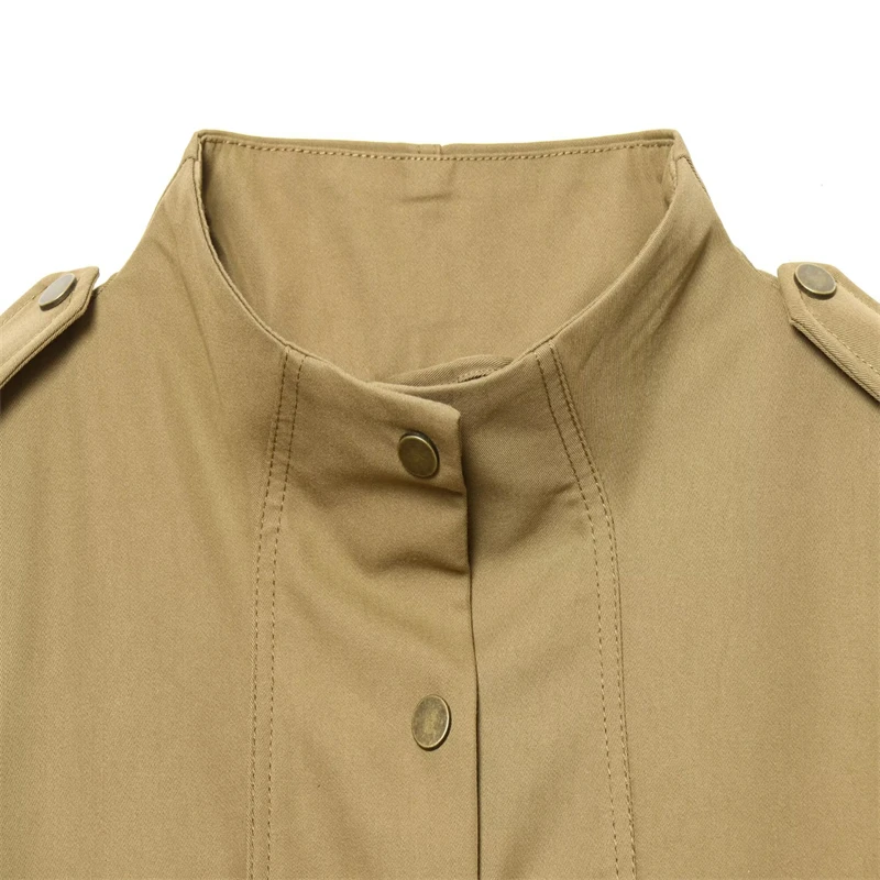 Military Style Utility Jacket Women Khaki Stand Collar Button Front Pocket Detail Casual Outfit