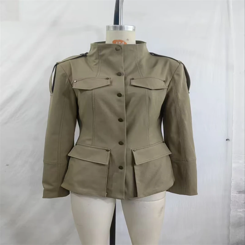 Military Style Utility Jacket Women Khaki Stand Collar Button Front Pocket Detail Casual Outfit