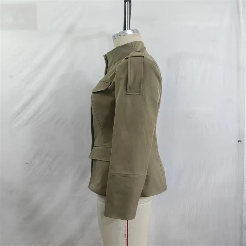 Military Style Utility Jacket Women Khaki Stand Collar Button Front Pocket Detail Casual Outfit