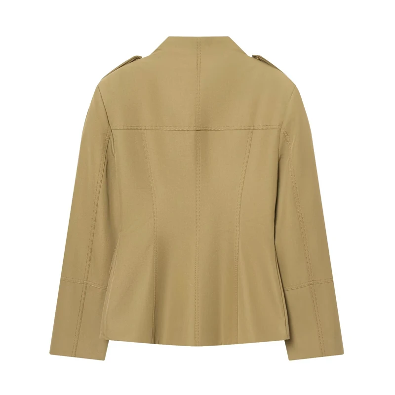 Military Style Utility Jacket Women Khaki Stand Collar Button Front Pocket Detail Casual Outfit