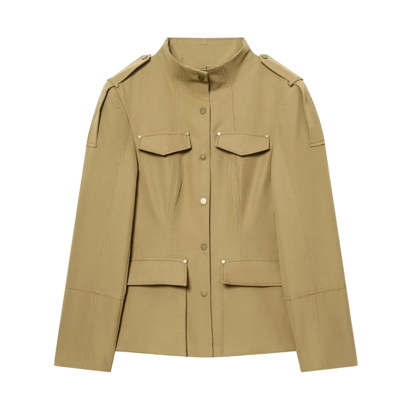 Military Style Utility Jacket Women Khaki Stand Collar Button Front Pocket Detail Casual Outfit