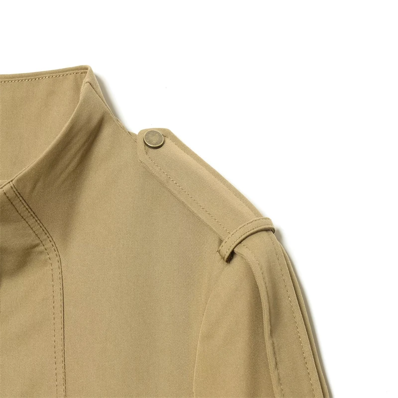 Military Style Utility Jacket Women Khaki Stand Collar Button Front Pocket Detail Casual Outfit