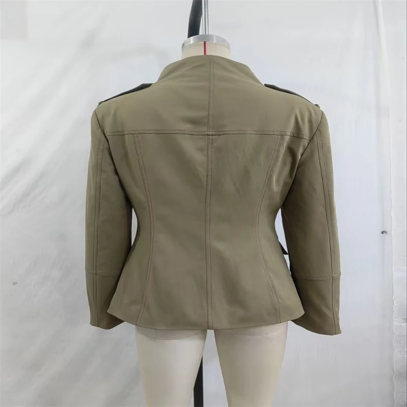 Military Style Utility Jacket Women Khaki Stand Collar Button Front Pocket Detail Casual Outfit