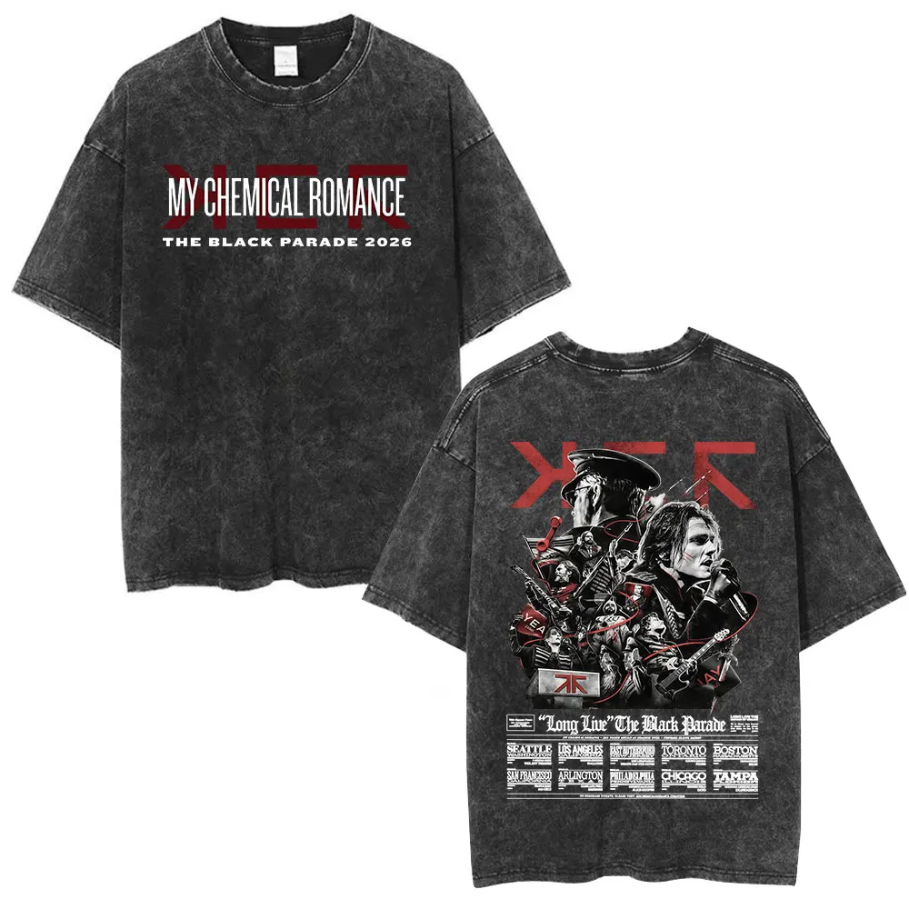 Rock Band My Chemical Romance Washed T-shirt The Black Parade 2026 Tour T-shirts Men's Clothing Gothic Loose T Shirts Streetwear