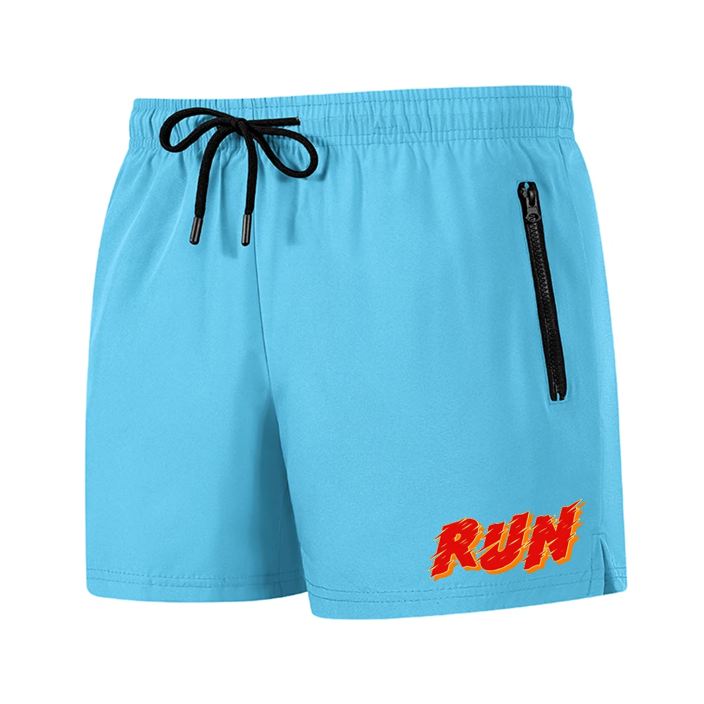 Men's Run Print Fitness Shorts Breathable Mesh Lined Summer Running Cycling Swimming Surfing Drawstring Beachwear Swim Trunks