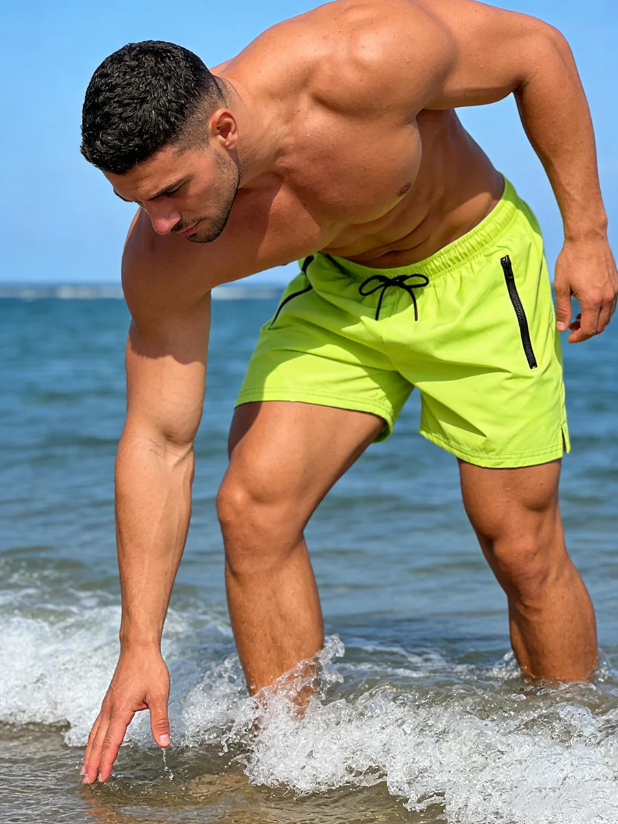 Men's Run Print Fitness Shorts Breathable Mesh Lined Summer Running Cycling Swimming Surfing Drawstring Beachwear Swim Trunks