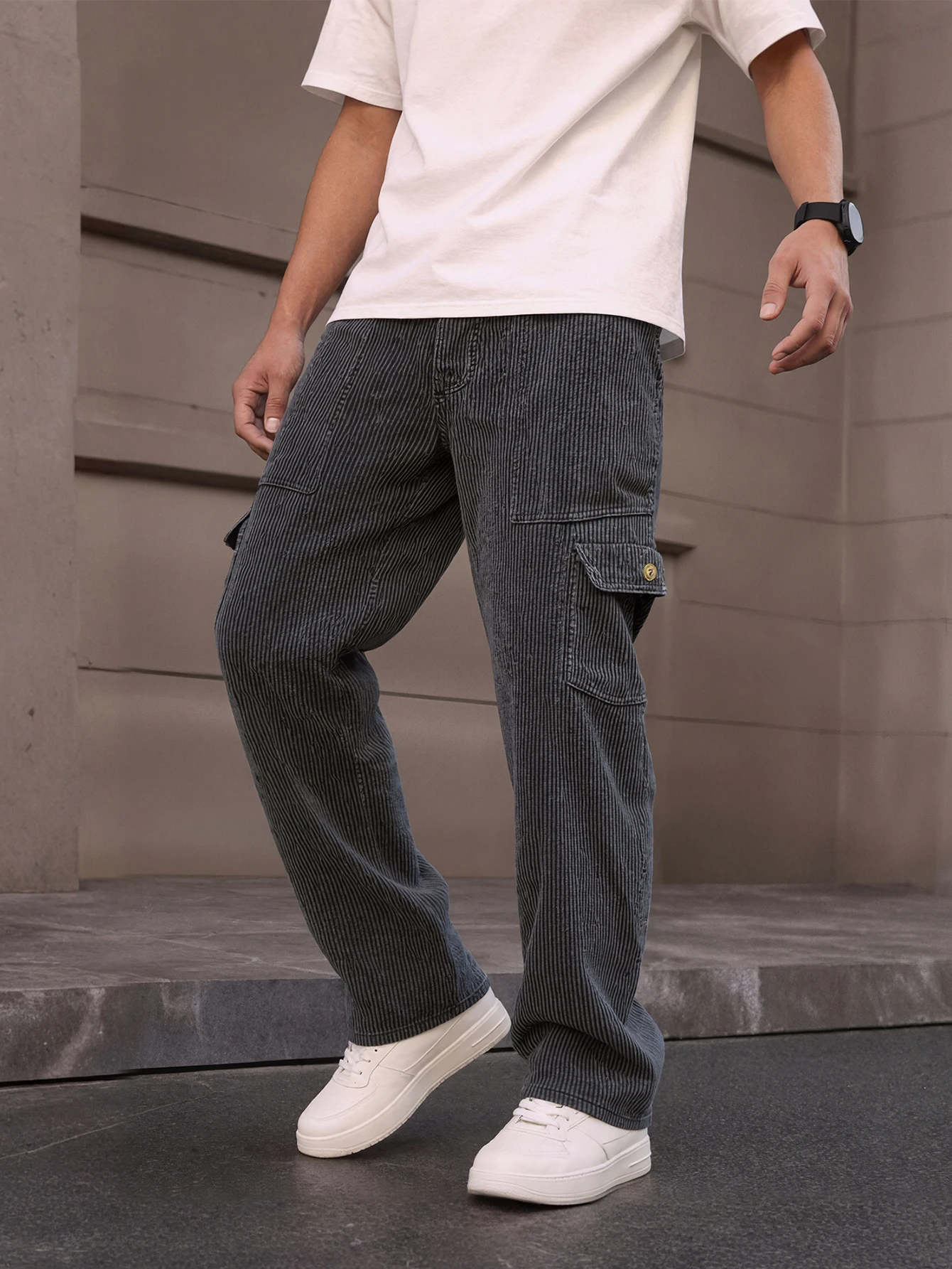 Loose Fit Men Flap Pocket Side Cargo Pants, Spring corduroy thin multi-pocket work pants