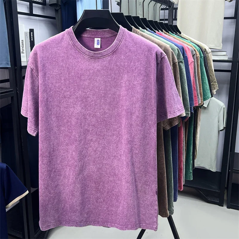 Summer Men's Washed 230G Heavy Cotton T-Shirts Vintage Faded Color Oversized Unisex Basic Tee Short Sleeve Loose Workout Tops