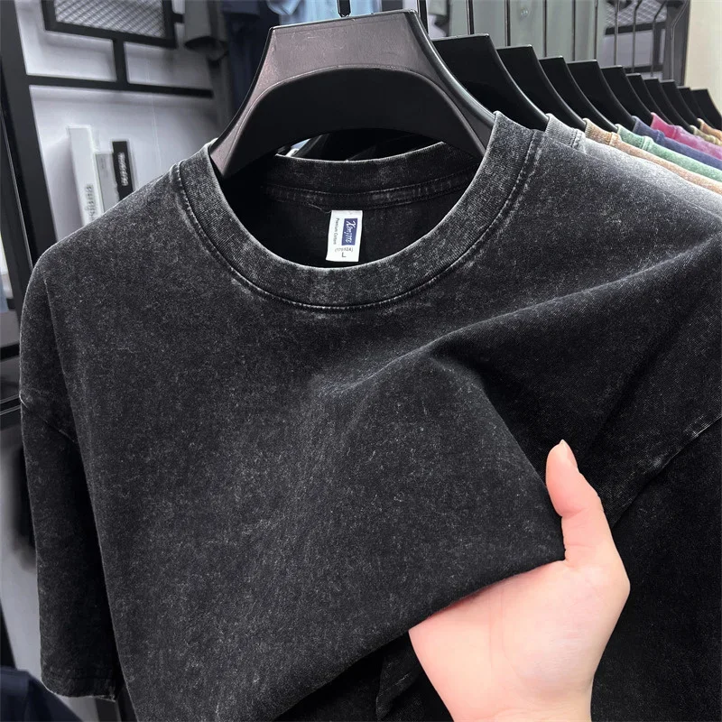 Summer Men's Washed 230G Heavy Cotton T-Shirts Vintage Faded Color Oversized Unisex Basic Tee Short Sleeve Loose Workout Tops