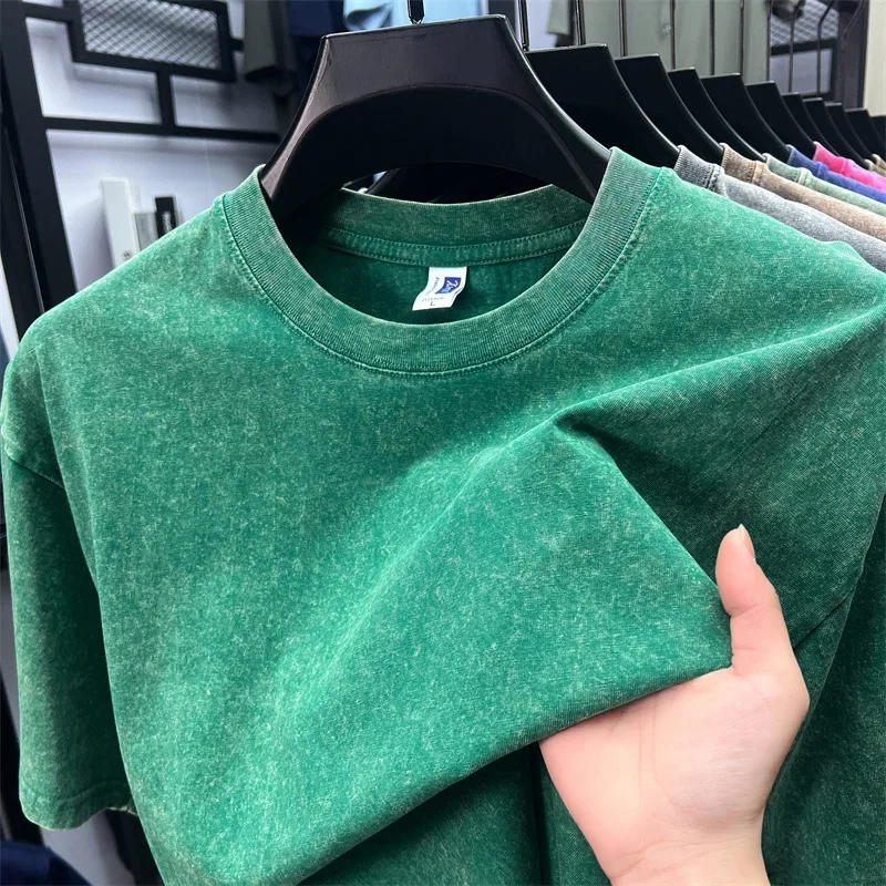 Summer Men's Washed 230G Heavy Cotton T-Shirts Vintage Faded Color Oversized Unisex Basic Tee Short Sleeve Loose Workout Tops