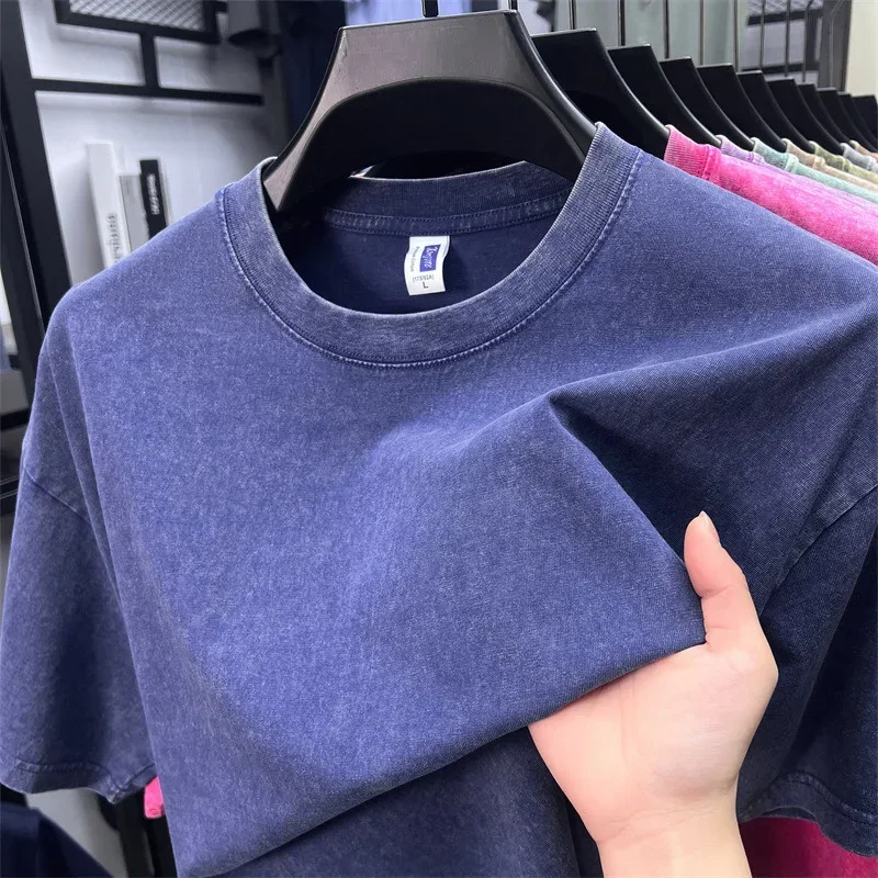 Summer Men's Washed 230G Heavy Cotton T-Shirts Vintage Faded Color Oversized Unisex Basic Tee Short Sleeve Loose Workout Tops