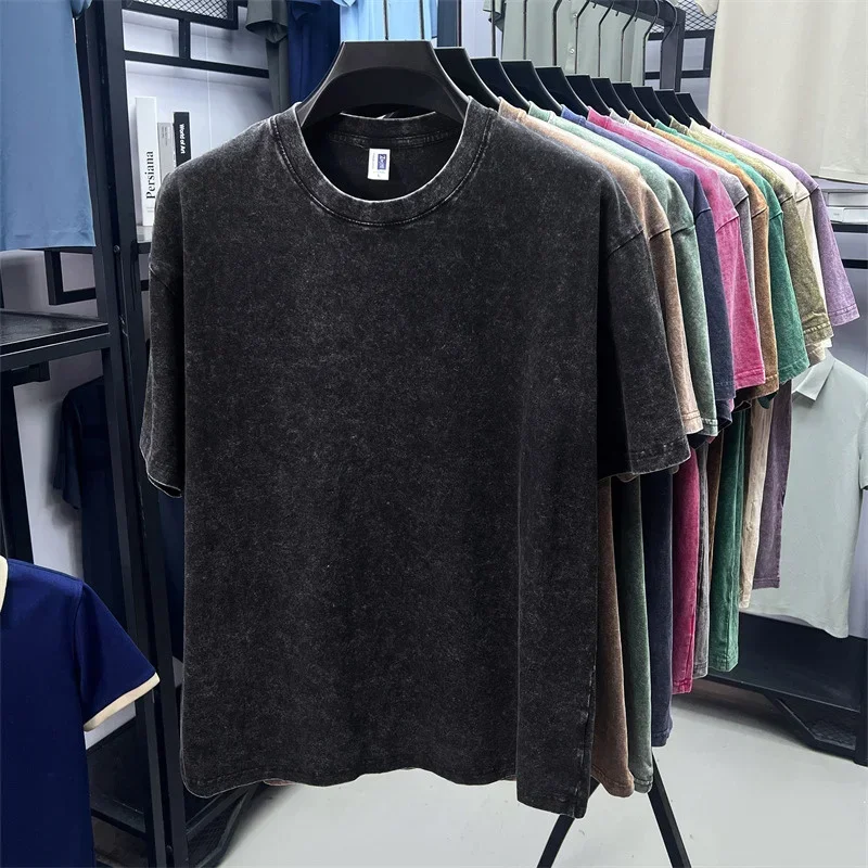 Summer Men's Washed 230G Heavy Cotton T-Shirts Vintage Faded Color Oversized Unisex Basic Tee Short Sleeve Loose Workout Tops