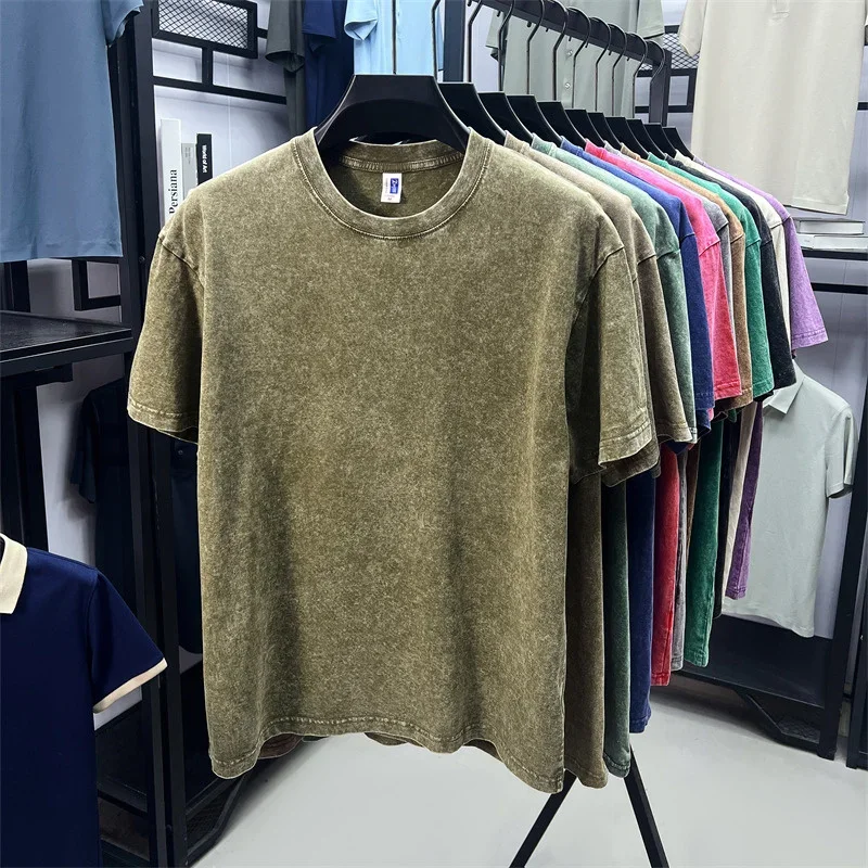 Summer Men's Washed 230G Heavy Cotton T-Shirts Vintage Faded Color Oversized Unisex Basic Tee Short Sleeve Loose Workout Tops