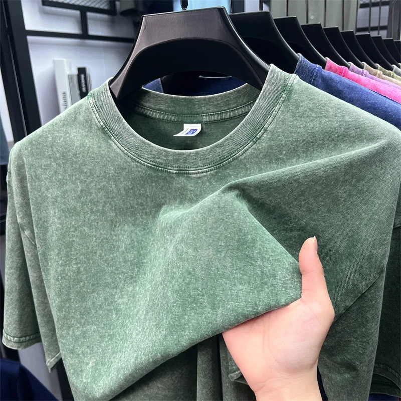 Summer Men's Washed 230G Heavy Cotton T-Shirts Vintage Faded Color Oversized Unisex Basic Tee Short Sleeve Loose Workout Tops