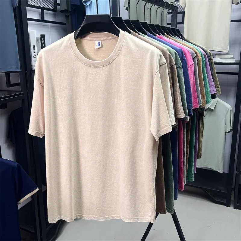 Summer Men's Washed 230G Heavy Cotton T-Shirts Vintage Faded Color Oversized Unisex Basic Tee Short Sleeve Loose Workout Tops