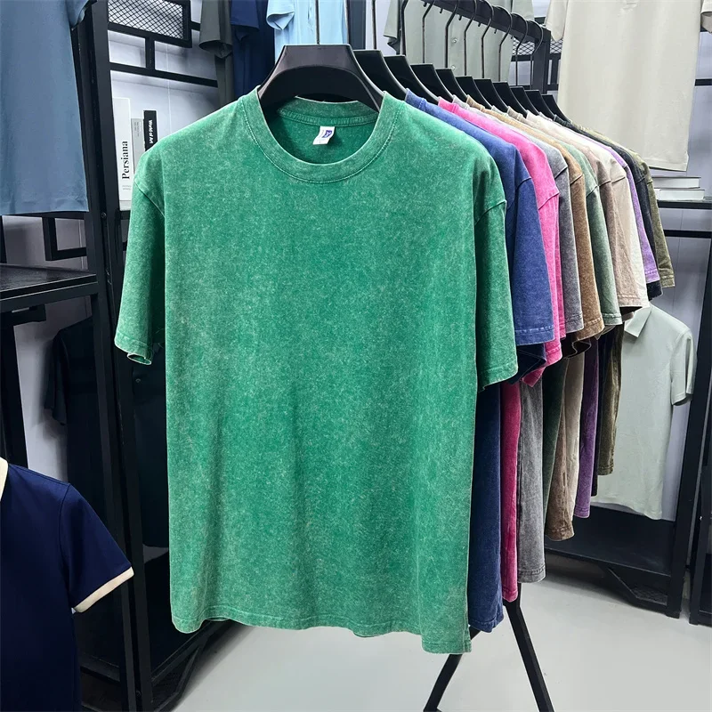 Summer Men's Washed 230G Heavy Cotton T-Shirts Vintage Faded Color Oversized Unisex Basic Tee Short Sleeve Loose Workout Tops