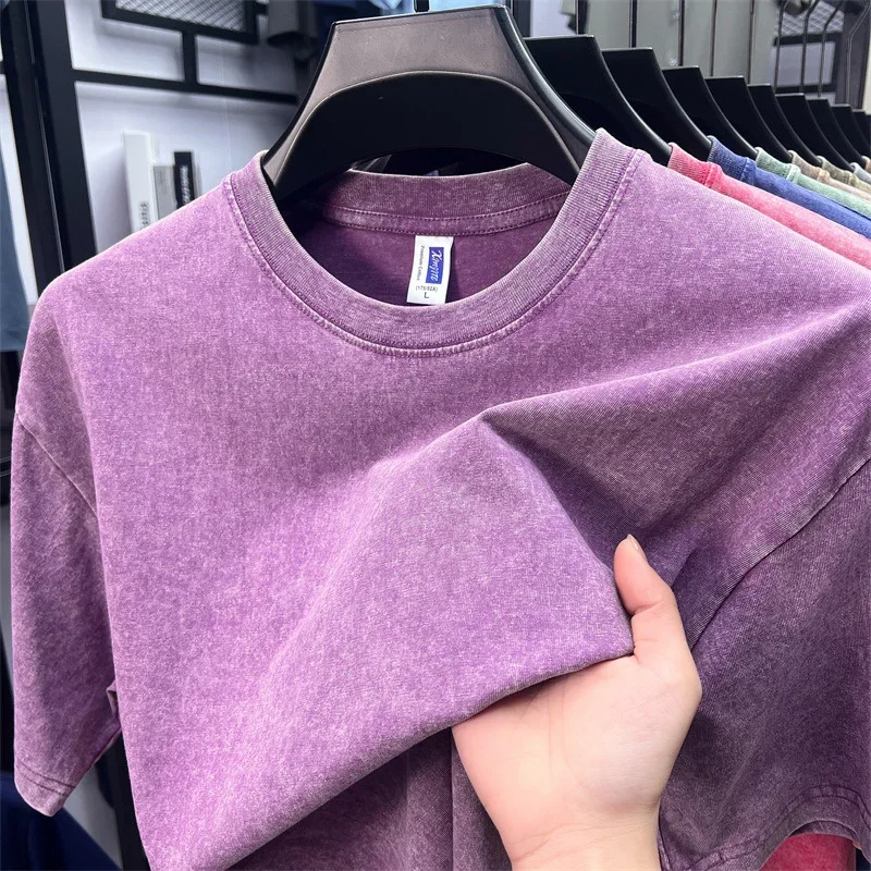 Summer Men's Washed 230G Heavy Cotton T-Shirts Vintage Faded Color Oversized Unisex Basic Tee Short Sleeve Loose Workout Tops