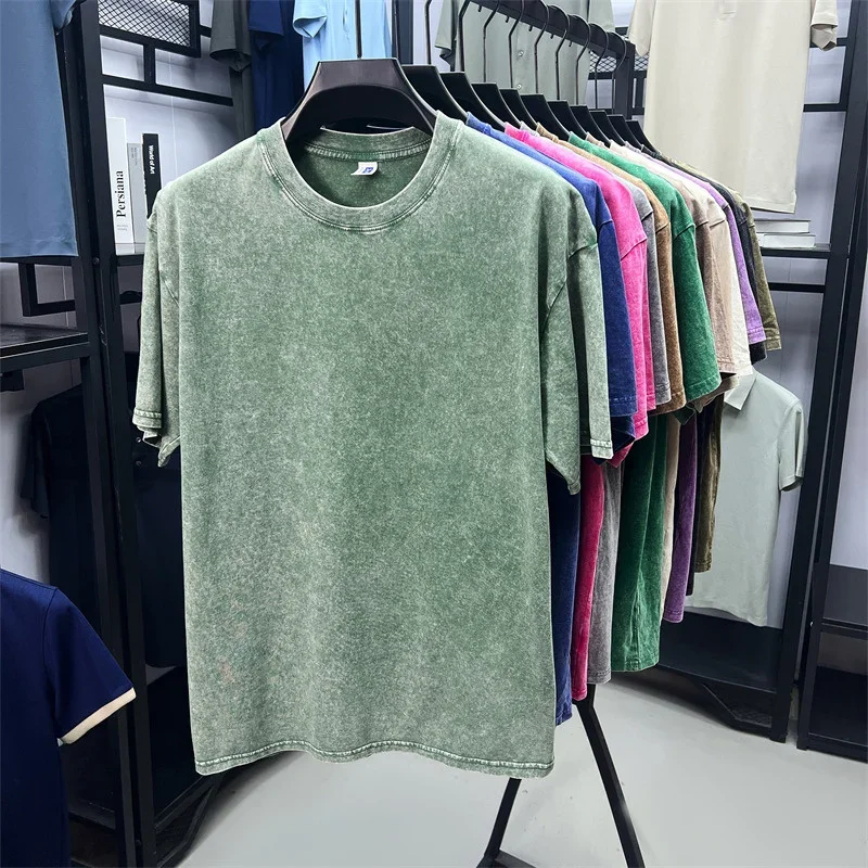 Summer Men's Washed 230G Heavy Cotton T-Shirts Vintage Faded Color Oversized Unisex Basic Tee Short Sleeve Loose Workout Tops